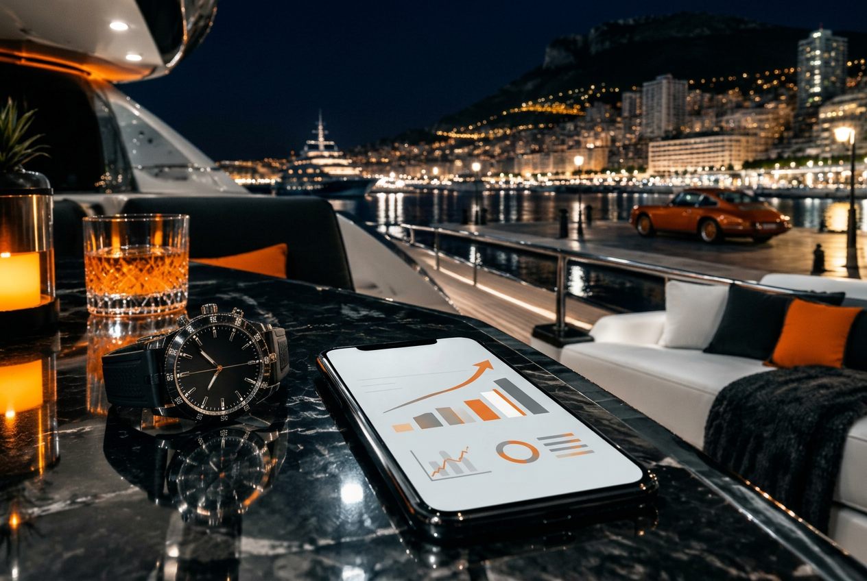 Luxury yacht setting with watch, analytics and city lights