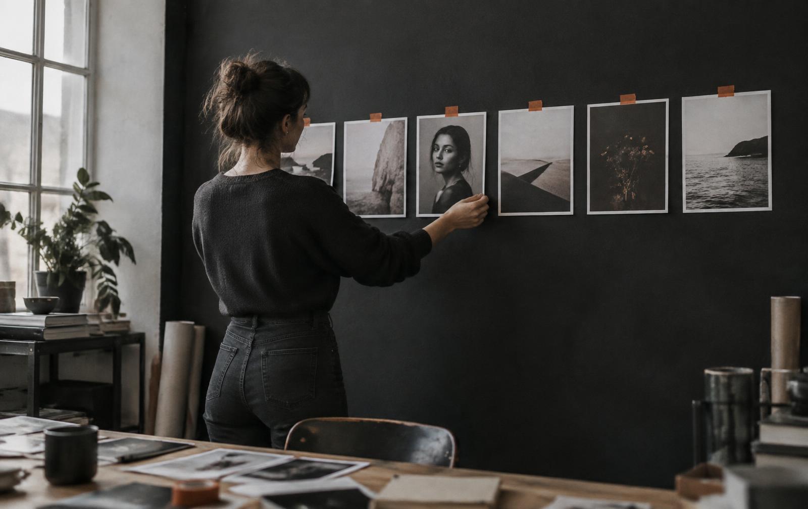 Creative strategist arranging a visual story on a studio wall