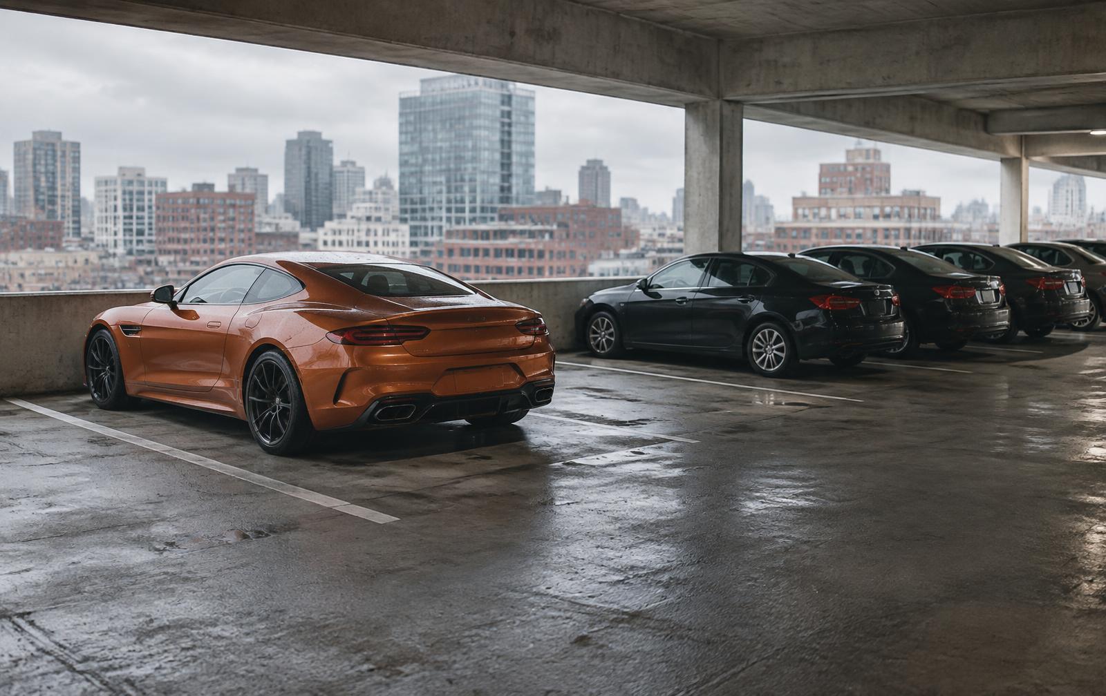 One orange performance car standing apart from dark cars