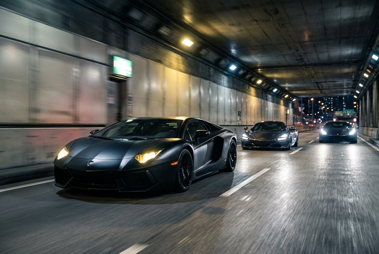 Convoy of black supercars moving through a city tunnel