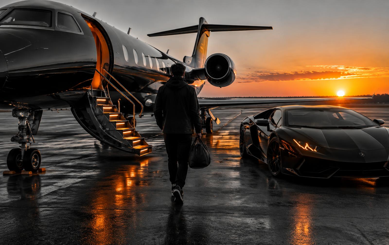 Private jet and supercar on a runway at sunset