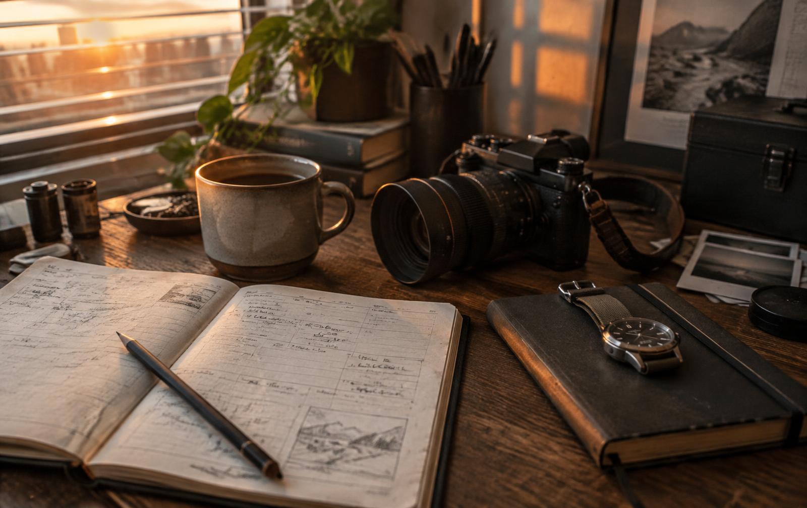 A disciplined creator workspace with a watch, camera and calendar