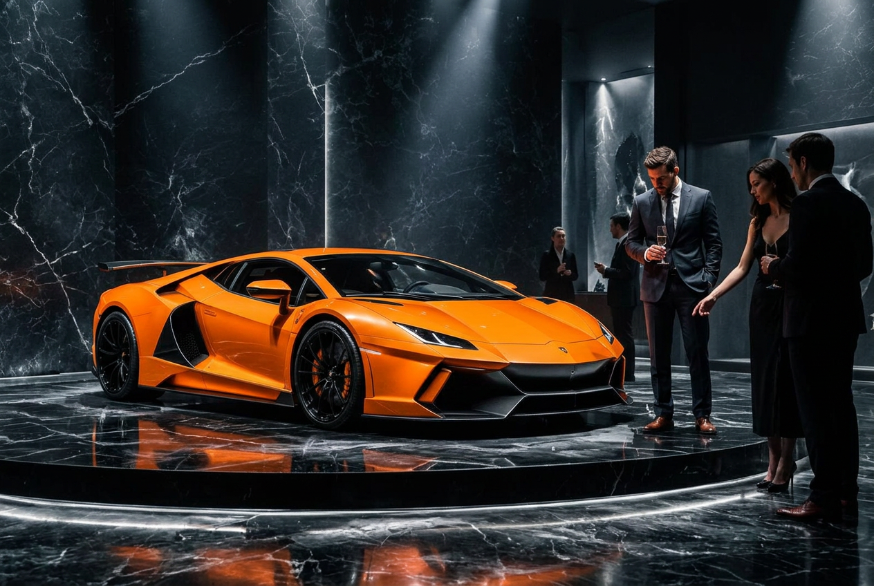 An audience gathered around an orange supercar in a gallery