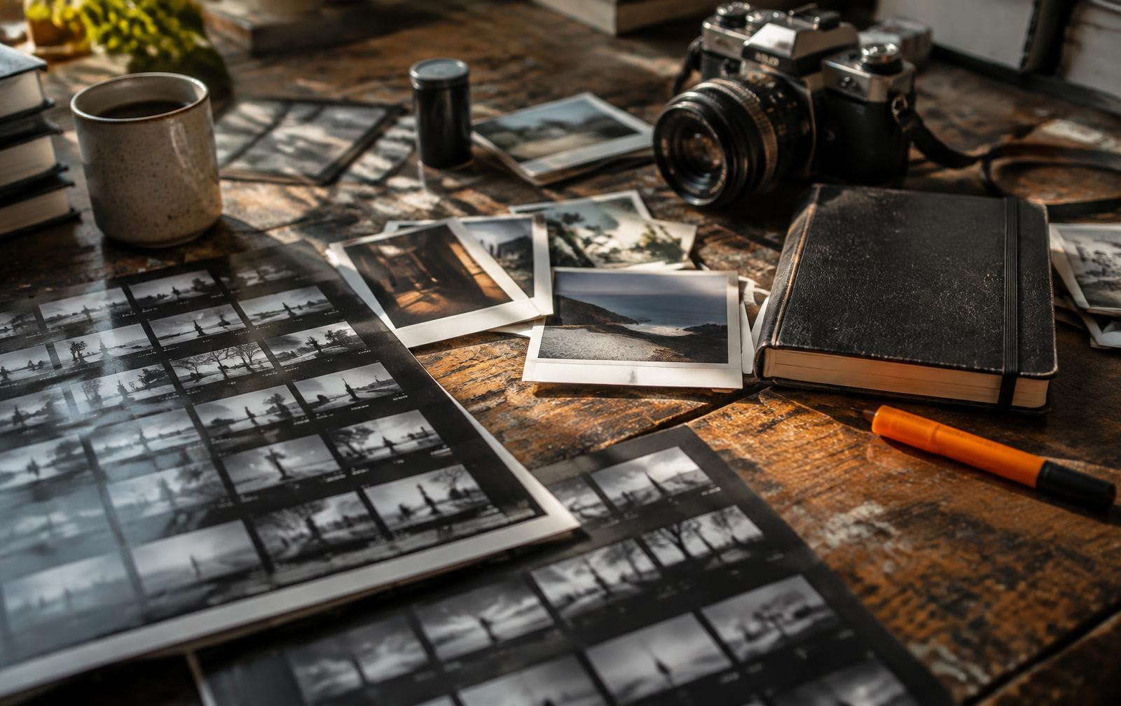 Photographer's contact sheets, camera and notebook on a worktable