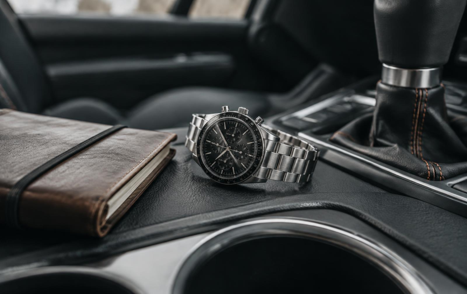 Luxury chronograph inside an orange-accented supercar