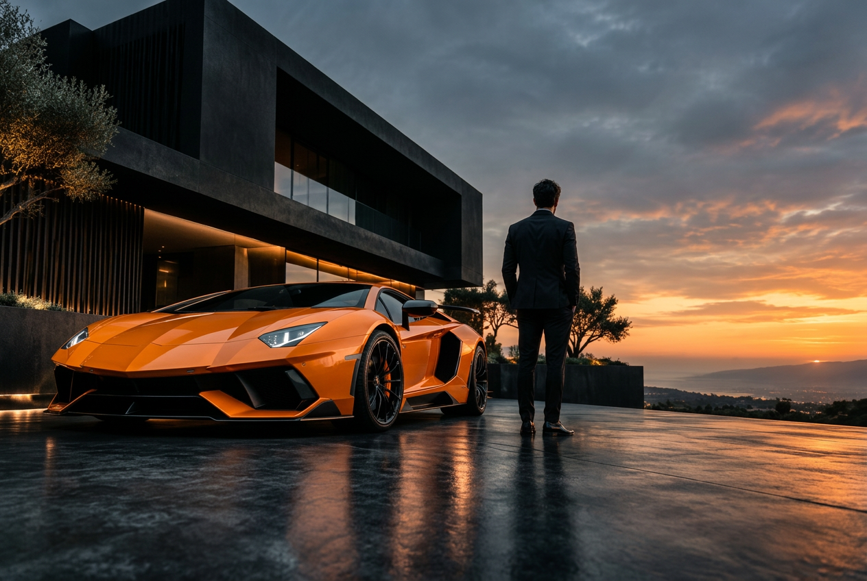Orange supercar outside a modern black villa at sunset