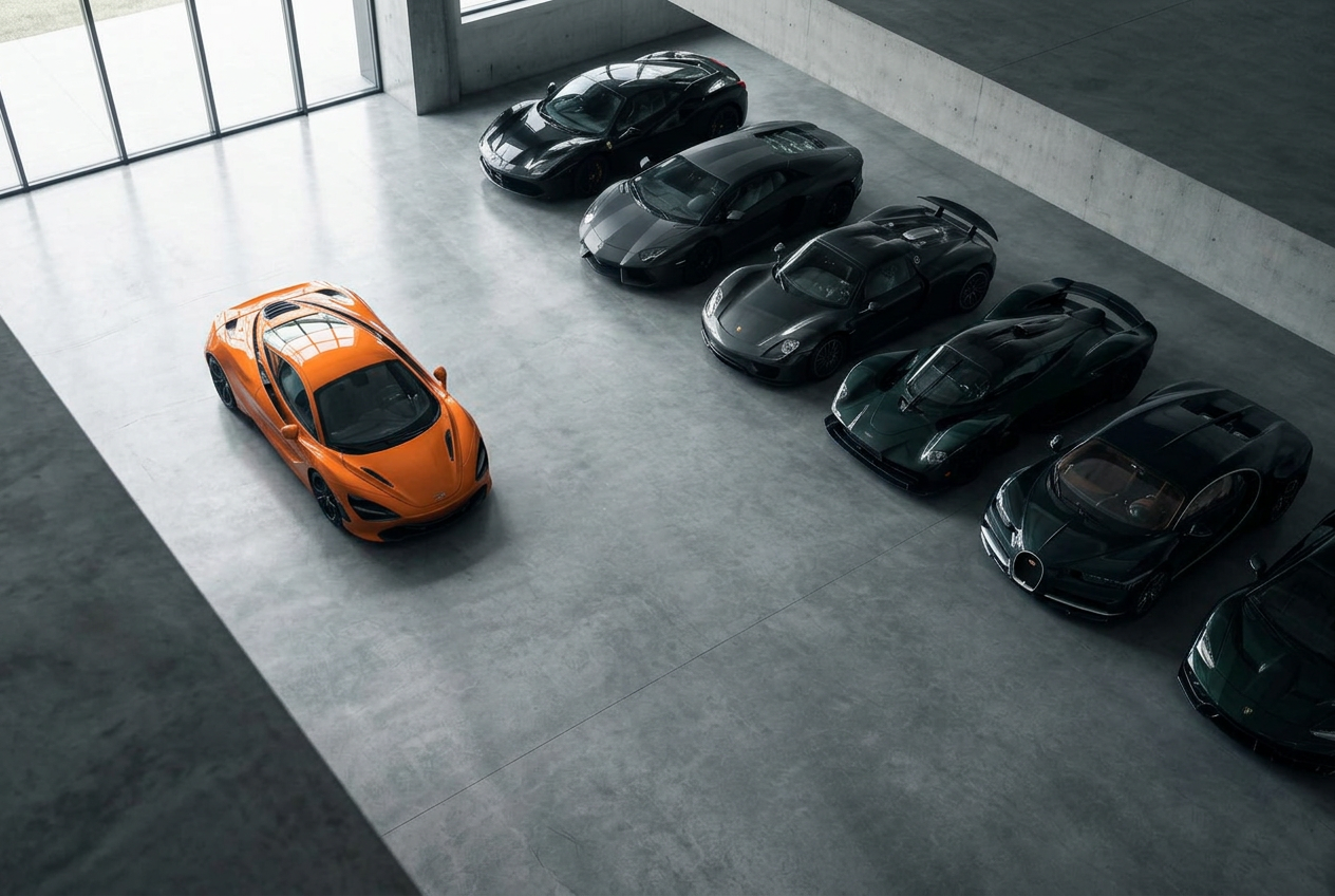 One orange supercar separated from a row of black supercars