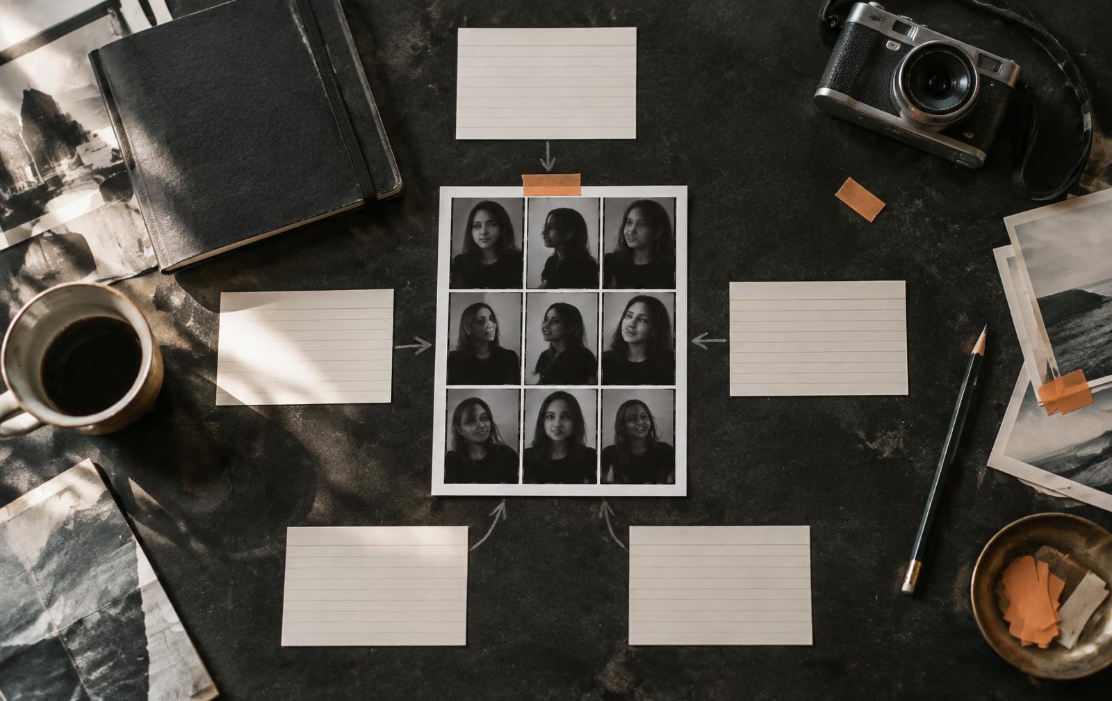 Portrait contact sheet surrounded by positioning cards on a worktable