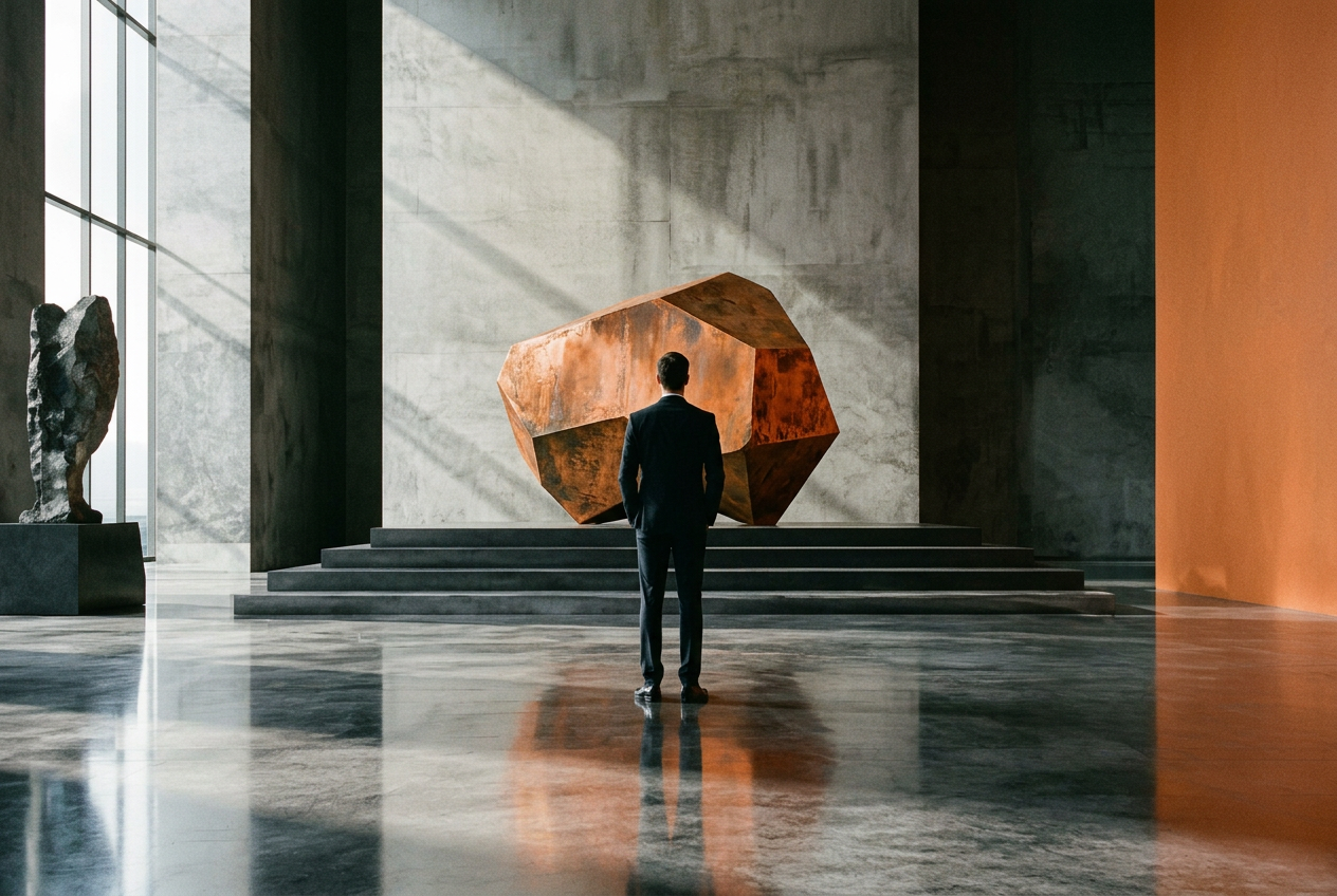 A solitary figure facing an orange sculptural throne