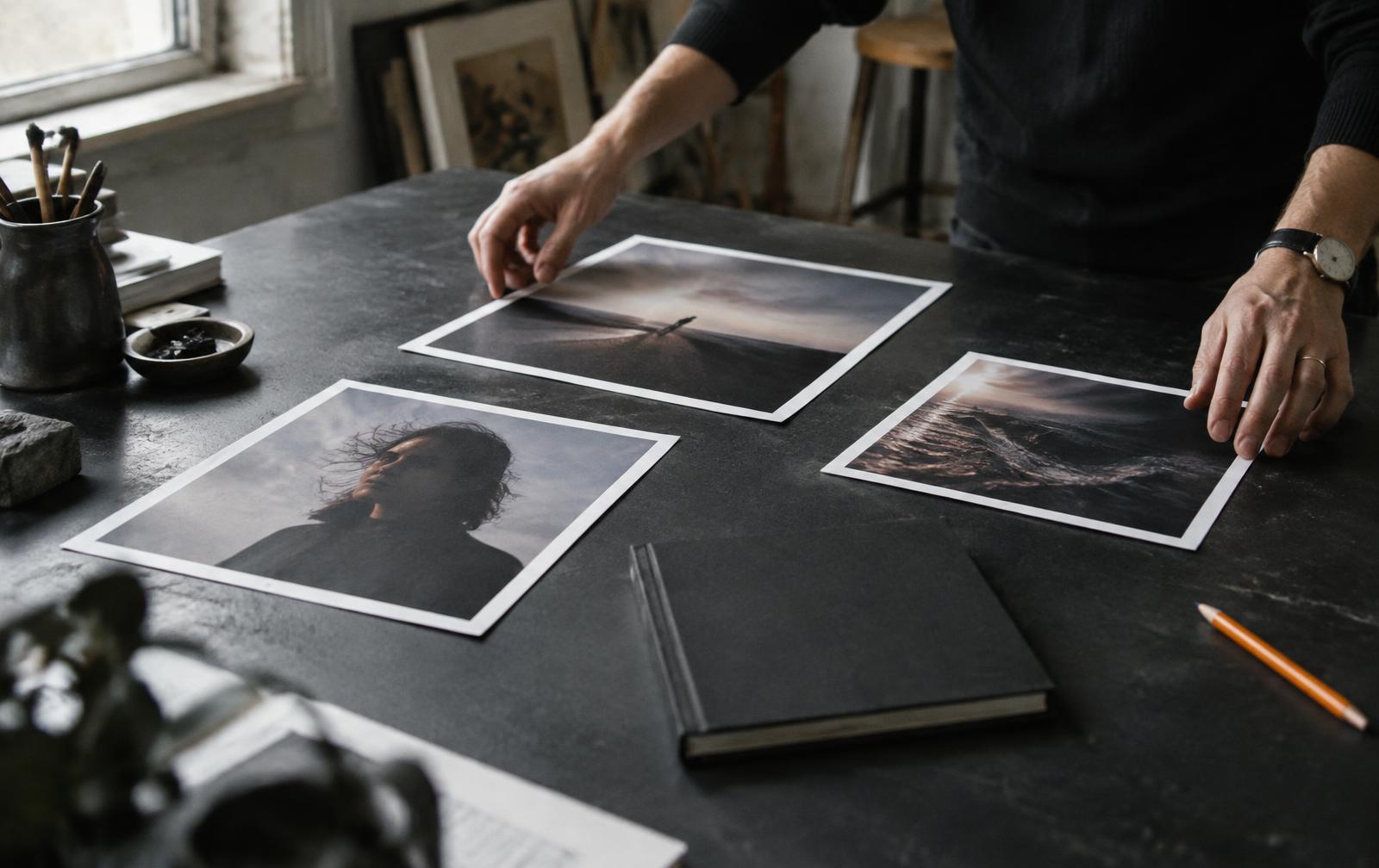 Creative director arranging campaign photographs on a studio table