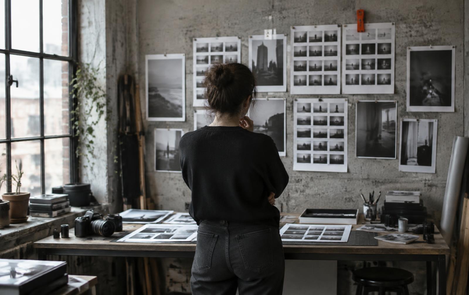 Creator reviewing contact sheets in a working photo studio