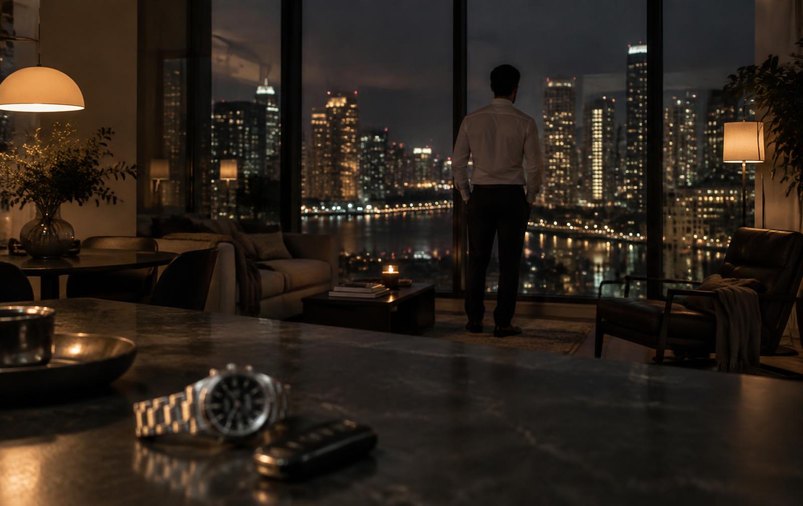 Penthouse view with a supercar and luxury watch