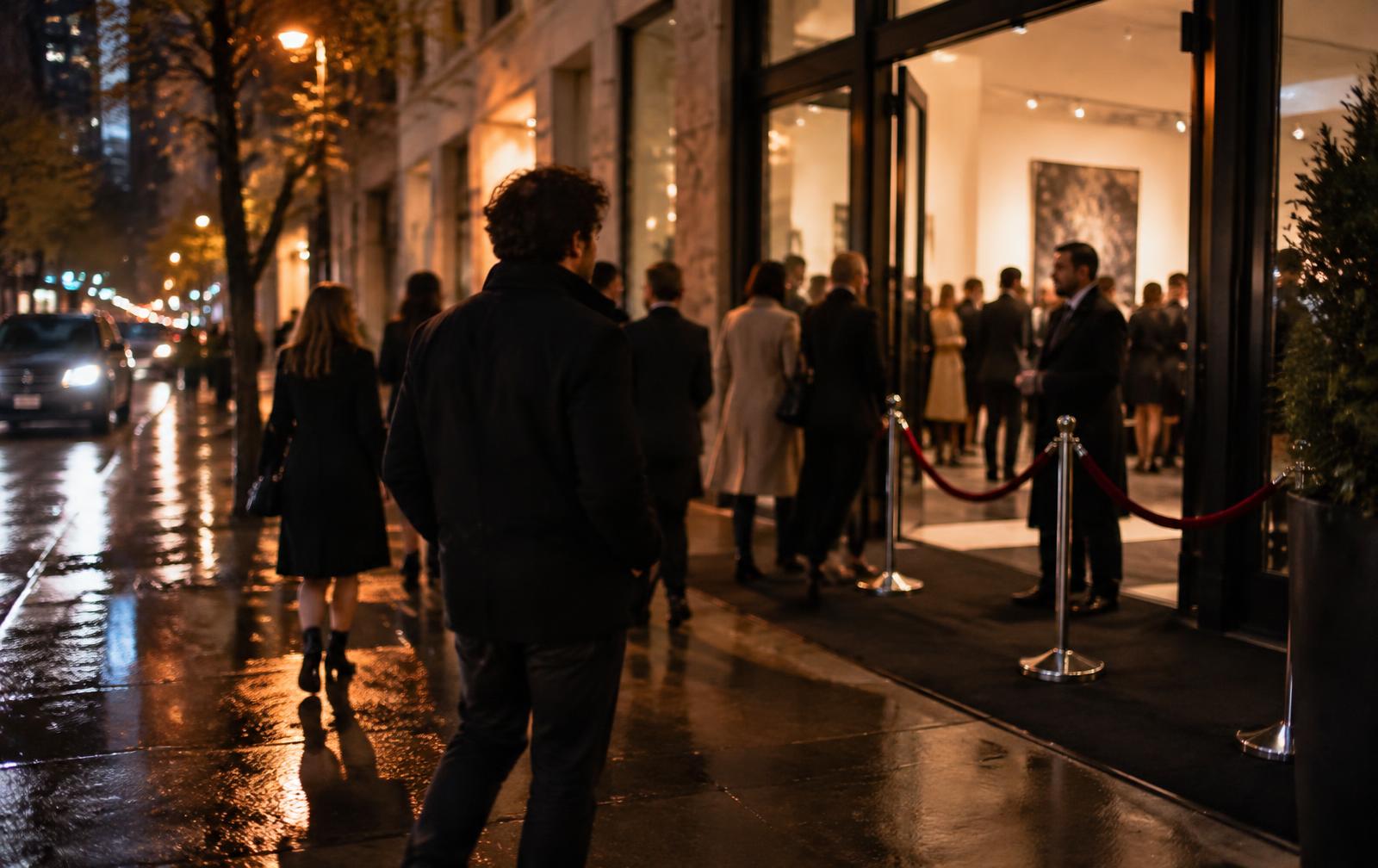 Guests arriving at a contemporary gallery event on a rainy evening